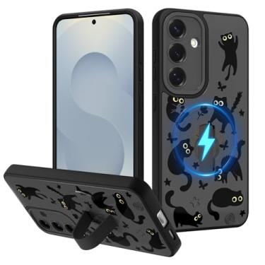 Imagem de Fiyart Capa projetada para Samsung Galaxy S25, gatos fofos, alça de dedo embutida para mulheres e meninas, compatível com MagSafe TPU rígido PC à prova de choque, proteção de câmera 6,2 polegadas