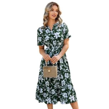 Imagem de Camisa Feminina Allover Floral Print Puff Sleeve Ruffle Hem Belted Dress (Color : Multicolor, Size : L)