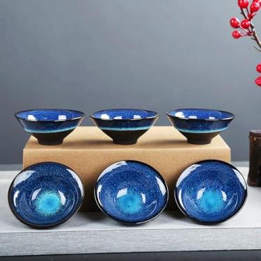 Imagem de PUSCOBSY Conjunto de xícara de chá de cerâmica esmaltada em forno - Conjunto de 6 xícaras de chá Jianzhan de argila roxa puxadas à mão com padrão Tianmu Yohen Tenmoku feito à mão (xícara Douli azul)