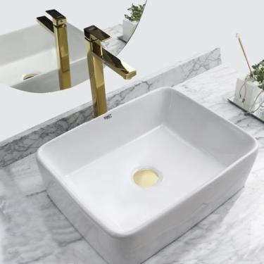 Imagem de Kit Cuba Pia Louça Cerâmica Banheiro C/ Torn e Vál Dourada 3 - Smart N