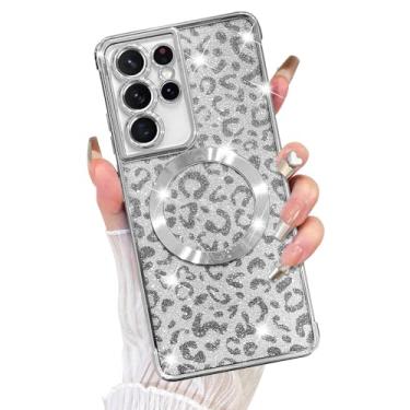 Imagem de Fiyart Capa projetada para Samsung Galaxy S21 Ultra, compatível com MagSafe Cheetah Print Plating Proteção da câmera Clear Magnetic Glitter Leopard Phone Bumper para mulheres meninas 17.3 cm - Prata