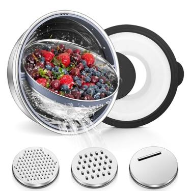 Imagem de TeamFar Escorredor 4-1 com conjunto de tigela, escorredor rotativo para cozinha, coadores e escorredores de alimentos de aço inoxidável tigela de mistura com raladores, para lavagem de vegetais e