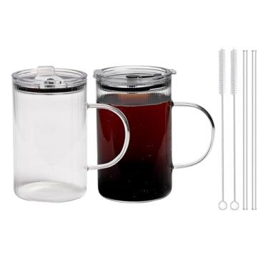 Imagem de Copos de vidro de 590 ml com tampas e canudos - Design elegante vintage canelado para café gelado, suco, vitaminas, milkshakes, bebidas frias e cerveja de coquetel de uísque (borda interna fina)