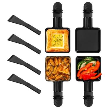 Imagem de 4 frigideiras de raclette, frigideiras quadradas de aço carbono de 8,89 cm com espátula de nylon, frigideira antiaderente com alça antiqueimaduras, pratos de raclette de substituição/adicionais para