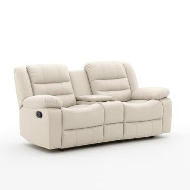 Imagem de Sofá Reclinável Sala de Cinema 2 Lugares Massagem Aquecimento Oscar Manual Porta Copos Baú Central PU Bege G94 - Laura Lar
