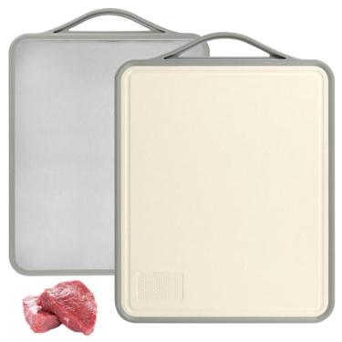 Imagem de Tábua de corte de aço inoxidável com área de moagem, tábua de corte dupla face, antiderrapante, tábua de cortar para cozinha, lavável na lava-louças, tábua de cortar para carne, frutas, vegetais