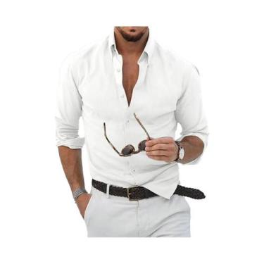 Imagem de Camisa Casual Masculina De Algodão E Linho De Manga Longa, Corte Solto