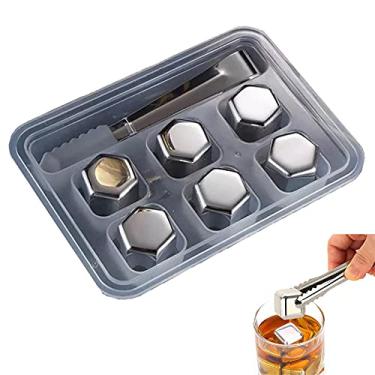 Imagem de HIOD Cubos de gelo de aço inoxidável, pedras refrescantes reutilizáveis para vinho de uísque, mantenha sua bebida fria por mais tempo, prateleira de vinho para vinho, 6 peças