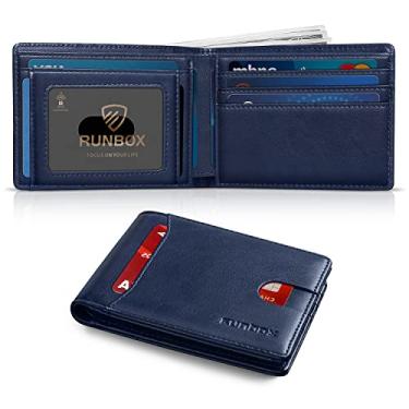 Imagem de RUNBOX Carteira masculina fina com 11 compartimentos para cartão de crédito, couro com bloqueio de RFID, pequena, fina, dobrável, bolso frontal, caixa de presente de grande capacidade, Azul-petróleo