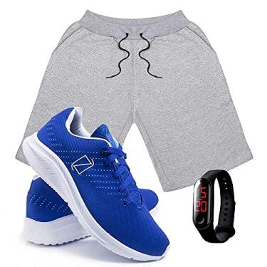 Imagem de Kit Bermuda Moletom Masculina + Tenis Masculino Conforto + Relógio Digital - Cinza-Azul/G-42