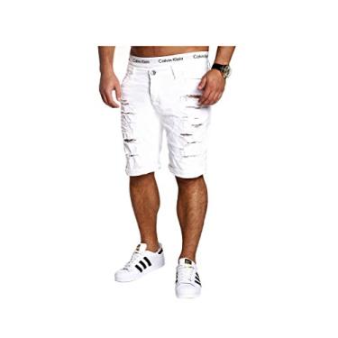 Imagem de Legou — Bermuda jeans masculina rasgada e envelhecida com orifício, Branco, US S(Asia M)