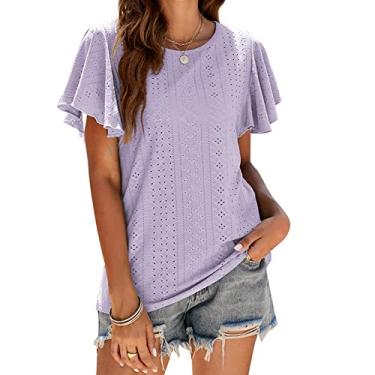 Imagem de Camiseta feminina manga oca babados casual top verão manga curta ajuste solto blusa tops manga redonda doce camisa, roxo, XGG