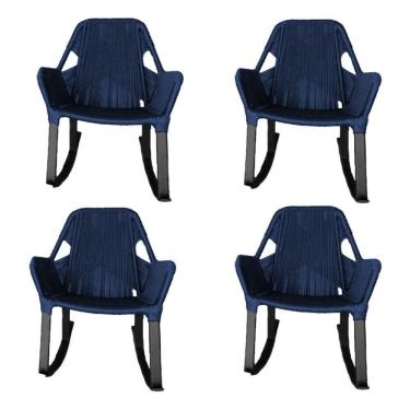 Imagem de Kit 4 Cadeiras De Balanço Athenas Corda Náutica Base Em Alumínio Preto-azul Marinho - Cor: Azul