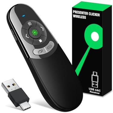 Imagem de Clicker de apresentação USB tipo C 2 em 1 com ponteiro laser verde, apresentador sem fio para apresentação de PowerPoint PPT Clicker, 2,4 GHz Apresentador remoto Slide Advancer para MacBook/computador