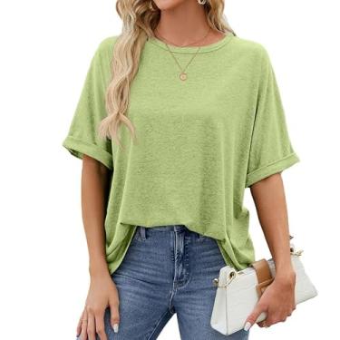 Imagem de Camisetas femininas grandes modernas gola redonda manga curta túnica cor sólida 2024 camiseta básica verão, Verde claro, XXG