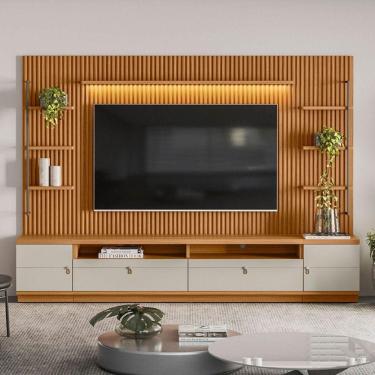 Imagem de Estante para TV Até 75 Polegadas Ouro Preto 2 Portas com Led 268 Cm Nature/Off White - Linea Brasil