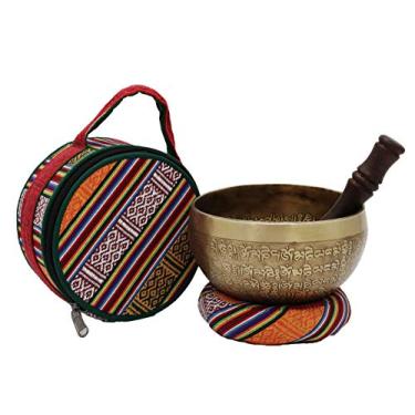 Imagem de KHUSI Tigela de canto tibetana de 15 cm, tigela de som gravada com mantra concha completa para mindfulness, vem com caixa de seda, almofada e martelo de couro