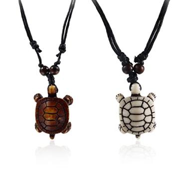 Imagem de 2 colares com pingente de tartaruga marinha esculpida em osso artificial - Colar de medalhão de tartaruga Yin Yang - Amuleto de mascote da sorte de animal havaiano para mulheres e homens, 1.2x 1.7