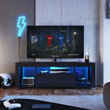 Imagem de Rack para Tv até 60 Polegadas Estilo Gamer 1 Gaveta 2 Prateleiras em Vidro e Iluminação em Led Yesca Preto
