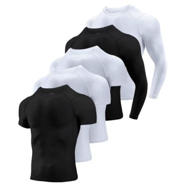 Imagem de Niksa Pacote com 2/5 camisetas masculinas de compressão, camiseta atlética de manga curta/longa, camisetas de compressão masculinas, Preto x 2 + branco x 3, M