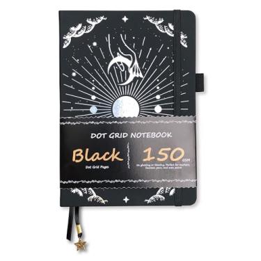 Imagem de BUKE Diário pontilhado - papel preto de 150 g/m² - layout DOT GRID de 5 x 5 mm, 160 páginas - caderno de desenho de capa dura de couro PU tamanho A5 (preto)