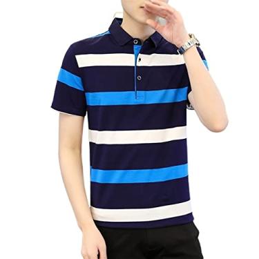 Imagem de Polos de desempenho masculino algodão listrado tênis camiseta regular ajuste colarinho estiramento leve moda atlética (Color : Blue, Size : M)