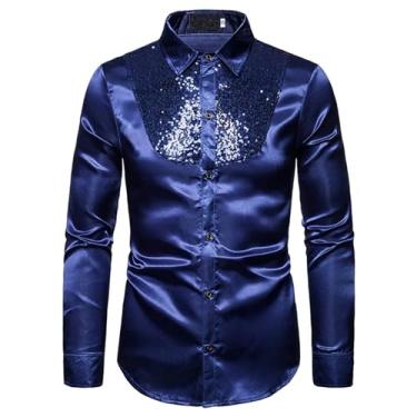 Imagem de Camisa social masculina de cetim de seda com lantejoulas brilhantes manga longa abotoada camisa masculina festa discoteca cantor baile, Azul marino, PP