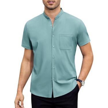 Imagem de DEMEANOR Camisas sociais masculinas com gola canelada, manga curta, elástica, sem colarinho, camisas casuais de botão, Verde turquesa, GG