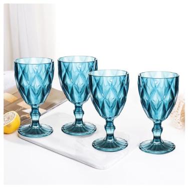 Imagem de Conjunto de 4 taças de vinho vintage, taças de água coloridas de plástico reutilizáveis de 340 g, taças de vinho com haste inquebrável com padrão exclusivo em relevo, copos de bebida de bar de festa