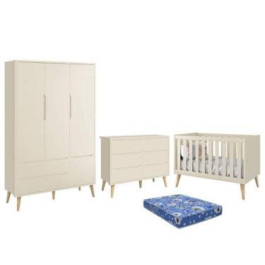 Imagem de Dormitório Theo Retrô 3 Portas, Cômoda 6 Gavetas, Berço com Pés Madeira Natural e Colchão - Reller Móveis