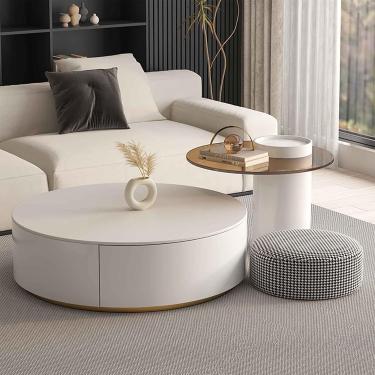 Imagem de Mesa de centro redonda com painel de pedra, conjunto de 2 mesas centrais modernas, fácil montagem, combinação de exibição minimalista, mesa de chá, móveis para casa para sala de estar, B