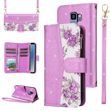 Imagem de Furiet Capa carteira floral para Samsung Galaxy S9 com fecho de correr e alça de ombro luxuosa com glitter PU couro porta-cartões acessórios capa para celular para S 9 Edge 9S GS9 Roxo