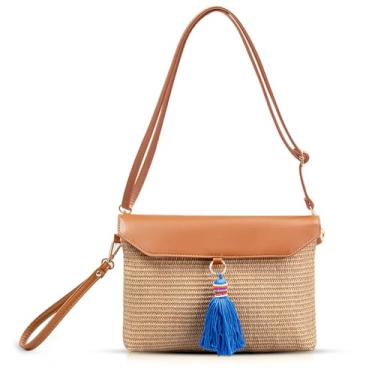 Imagem de QTKJ Bolsas clutch para mulheres, bolsa de palha feita à mão, bolsas transversais de couro flip-up, pacote de envelope de borlas de tecido, inclui alça de ombro longa ajustável e alça de pulso