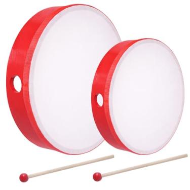 Imagem de Nydotd Tambor de mão de 25,44 cm e 20,4 cm com moldura de madeira de percussão com bengala de bateria, instrumentos de percussão pré-escolar, educação musical, desempenho profissional, tambor de mão