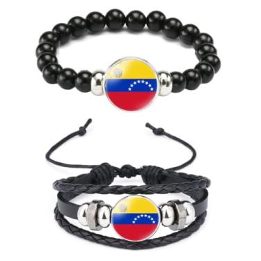 Imagem de Ykonuyis Pulseira de corda elástica de metal com contas pretas e pulseira de corda trançada de couro de liga para homens e mulheres apoia o seu país, Medium, Zinco, Vidro