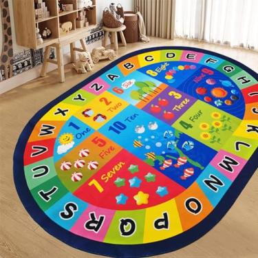 Imagem de USTIDE Tapete grande oval infantil 15 x 22, alfabeto ABC, educativo e divertido, tapete antiderrapante para meninos brincar tapete azul tapete de área de aprendizagem para quarto de jogos decoração de