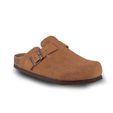 Imagem de EMMA NEW YORK Tamancos femininos de camurça sem cadarço com fivela deslizante de couro, sandálias de cortiça com suporte de arco, Conhaque, 39