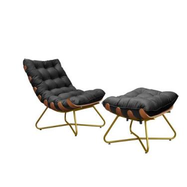 Imagem de Poltrona Com Puff Costela Madeira Eva Dourada- Veludo Preto - Metal Mó