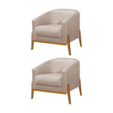 Imagem de Kit 2 Poltronas Living Base em Madeira Maciça Flórida Linho Bege