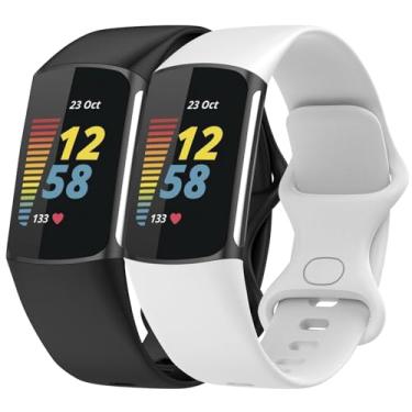 Imagem de Anuoli Pacote com 2 pulseiras compatíveis com Fitbit Charge 6 Charge 5, pulseira de substituição de silicone macio para mulheres e homens (preto_branco, pequeno (14 a 19,8 cm)