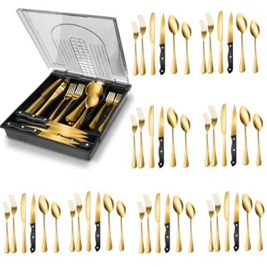Imagem de Faqueiro, Jogo de Talheres 48PCS, 410 Faqueiro Inox, caixa de armazenamento removível, Jogo de Talheres, Faqueiro Dourado, Conjunto completo de talheres, para presentes, Dourado
