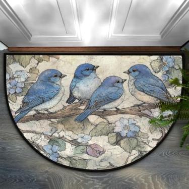 Imagem de Tapete de porta vintage azul ramo de pássaro meia redonda, animal bonito antiderrapante tapete de meio círculo capacho absorvente meia lua tapete de entrada de boas-vindas para cozinha interior ao ar livre quarto decoração de casa