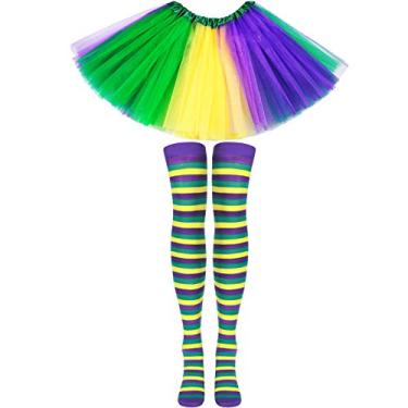 Imagem de Conjunto de 2 peças de fantasia de carnaval colorido saia tutu bailarina e meias listradas acima do joelho para eventos de carnaval e festa, Principalmente dourado, roxo e verde, one size fit most