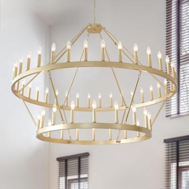 Imagem de HHR Lustre De Roda De Carroça Dourada De 60" Com 2 Níveis, Lustre Extra Grande De Fazenda Para Tetos Altos, Lustre Redondo Dourado De 54 Luzes, Luminária Para Hall De Entrada, Sala De Jantar, E12