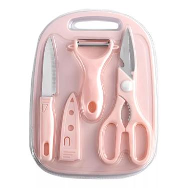 Imagem de Kit de 4 Facas Coloridas com Tábua Tesoura e Descascador Cor:Branco