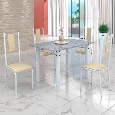 Imagem de Conjunto Sala De Jantar Mesa Tubo 120x75cm Tampo Pedra Granito Ocre Com 4 Cadeiras Creme-branco