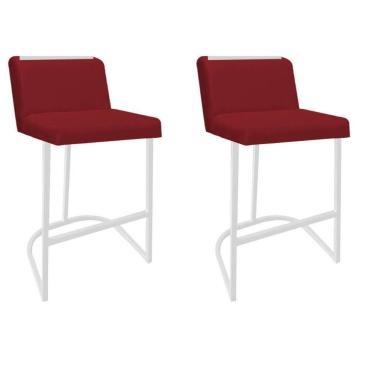 Imagem de Kit 02 Banquetas Com Encosto Confort Bistrô Cozinha Ferro Branco Sintético Vermelho Amey Decor