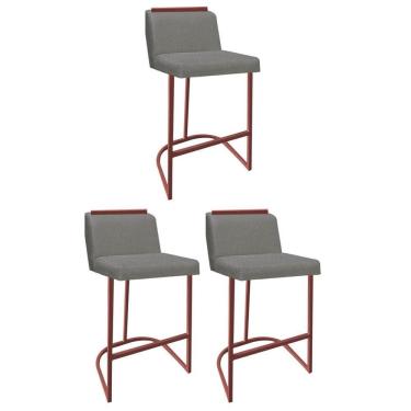 Imagem de Kit 03 Banquetas Com Encosto Confort Bistrô Cozinha Ferro Bronze Linho Cinza Amey Decor