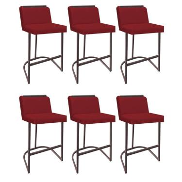 Imagem de Kit 06 Banquetas Com Encosto Confort Bistrô Cozinha Ferro Marrom Corino Vermelho Amey Decor
