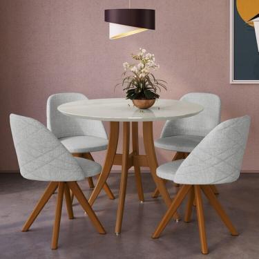 Imagem de Conjunto Sala De Jantar Mesa Redonda Com Tampo Em MDF Com Vidro Fendi, Pés Madeira Maciça 4 Cadeiras Imbuia Cinza